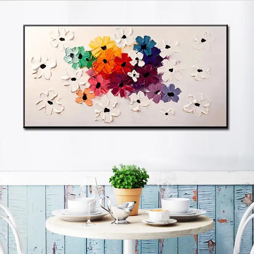 Coloridas Flores Abstracto Oleo Sobre Lienzo Para La Sala De Casa