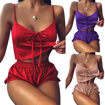 

Summer New Girls Sexy Solid Color Suspender Pajamas Suit V-neck Sleeveless Bowknot Vest And Loose Shorts Suit 2020