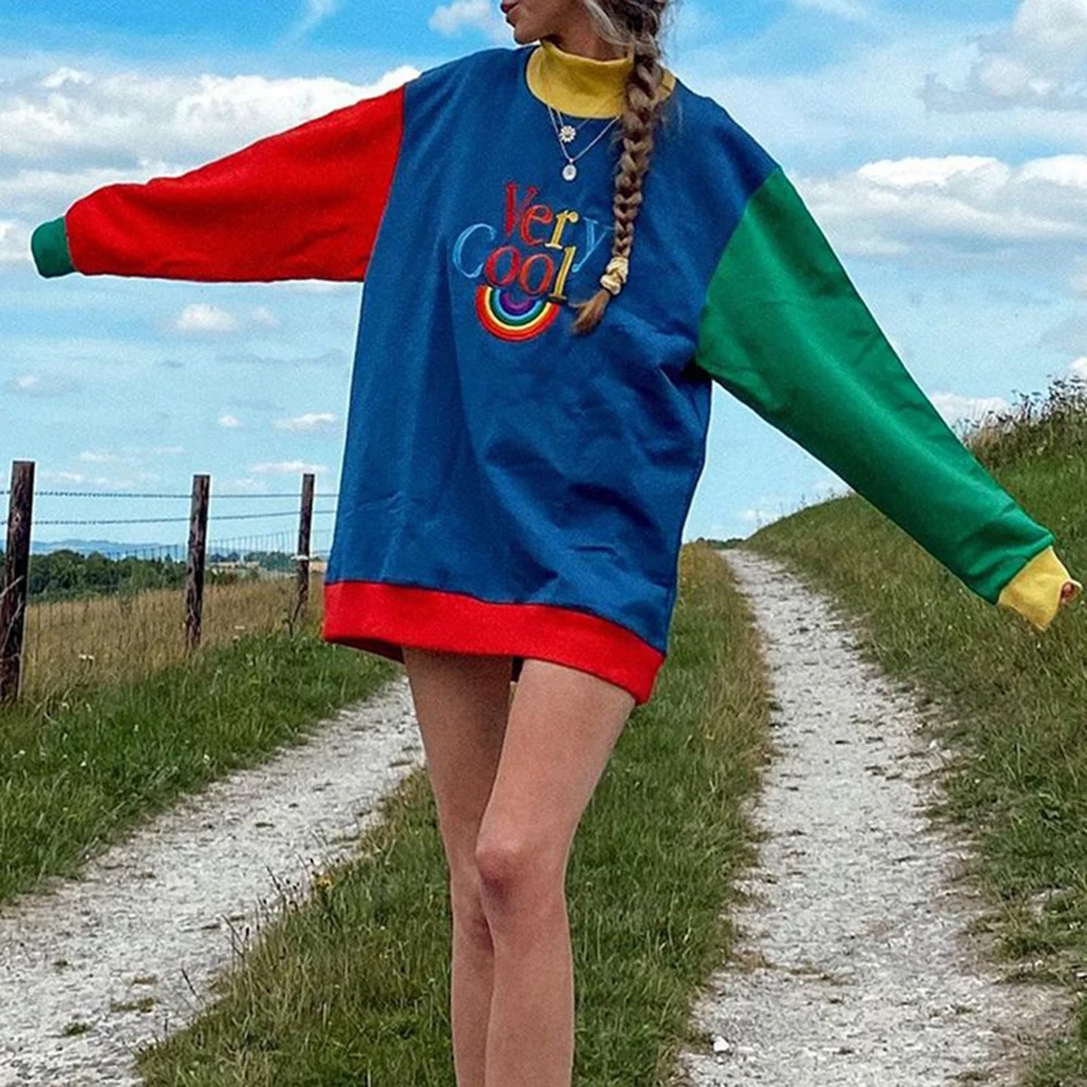 

E-girl Letter and Rainbow Printing Oversized Sweatshirts Hip Hop Style Patchwork Turtleneck Long Sleeve Top Y2K Outfit