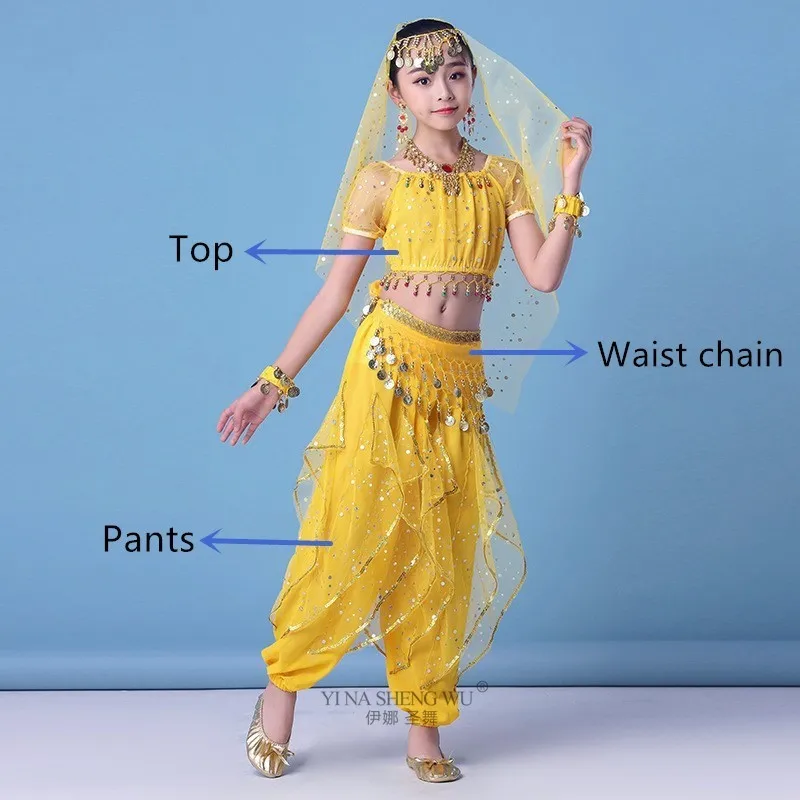 Yellow 3pcs Детский набор костюма для танца живота Восточный танец девушки танец живота Индия танец живота представление сценическая одежда брюки для танцев костюм - Цвет: Yellow 3pcs