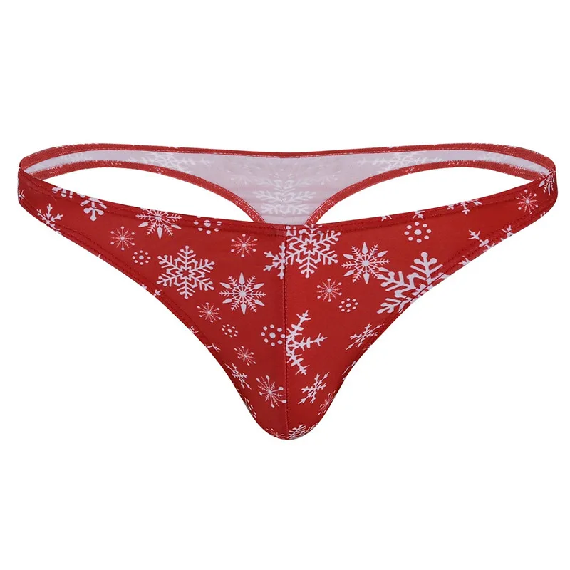 Красное Мужское нижнее белье, низкая посадка, передняя выпуклость, мешок, снежинка, печатный узор, рождественское бикини, стринги, нижнее белье, сексуальные трусики для мужчин - Цвет: Red