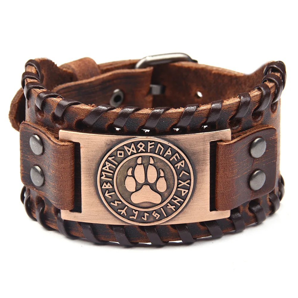 Nordic Viking Rune Bear Paw Pattern Bracelet Men's Metal Leather Woven Jewelry Animal Accessories Party Gift bangle bracelet,leather bracelets,leather bracelet,woven bracelets