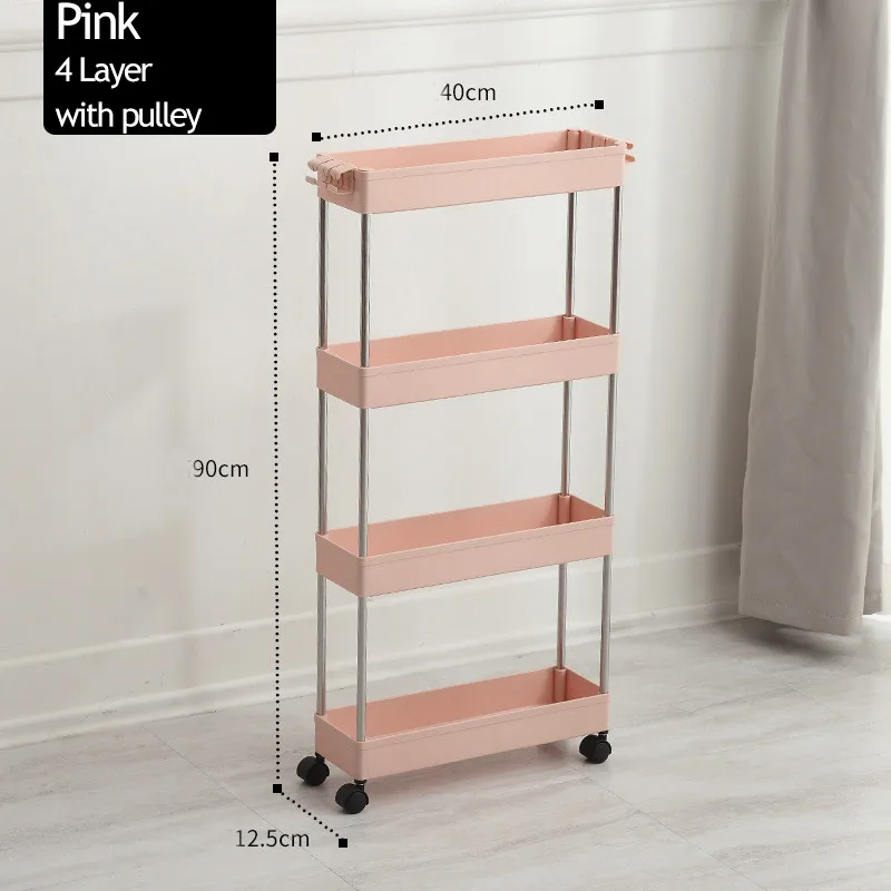 Pink-4 Layer 2/3/4 Слои Gap стеллаж для хранения Кухня тонкий слайд башня подвижные собрать Пластик Ванная комната полка колеса Экономия пространства Организатор - Цвет: Pink-4 Layer