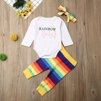 

0-24months Newborn Clothes Set Letter Long Sleeve Baby Bodysuit Rainbow Striped Long Pants Hairbands Set Baby Girls Clothing Set