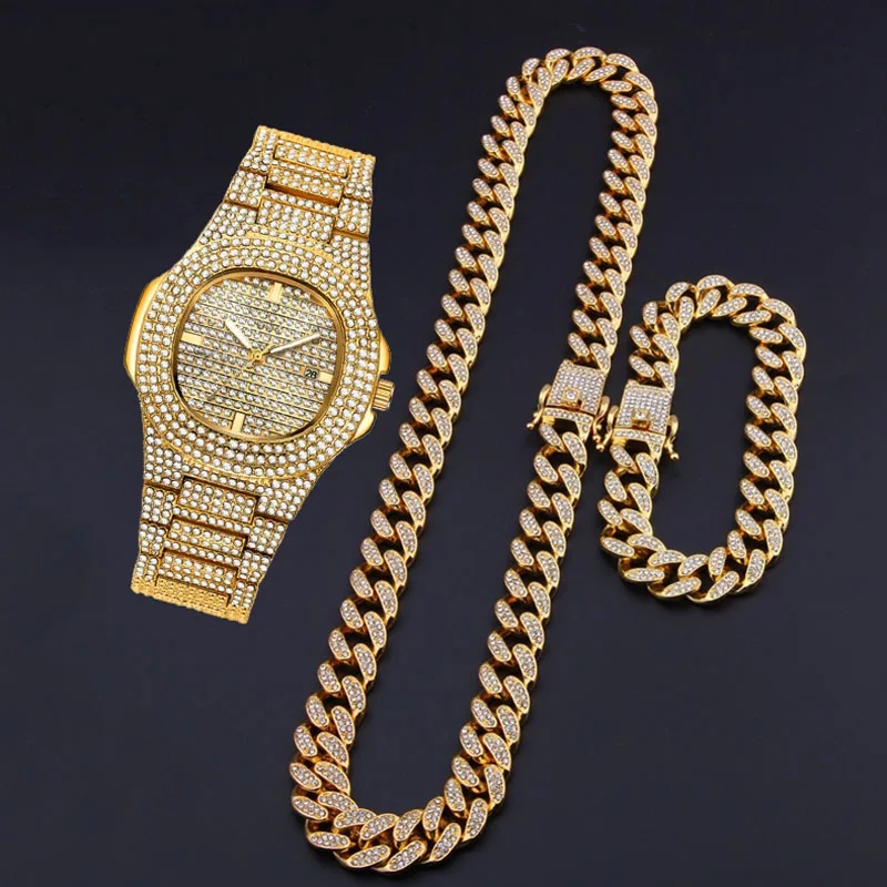 Часы с цепочкой в стиле хип хоп Iced Out мужские часы s 2010 Блестящими Золотыми