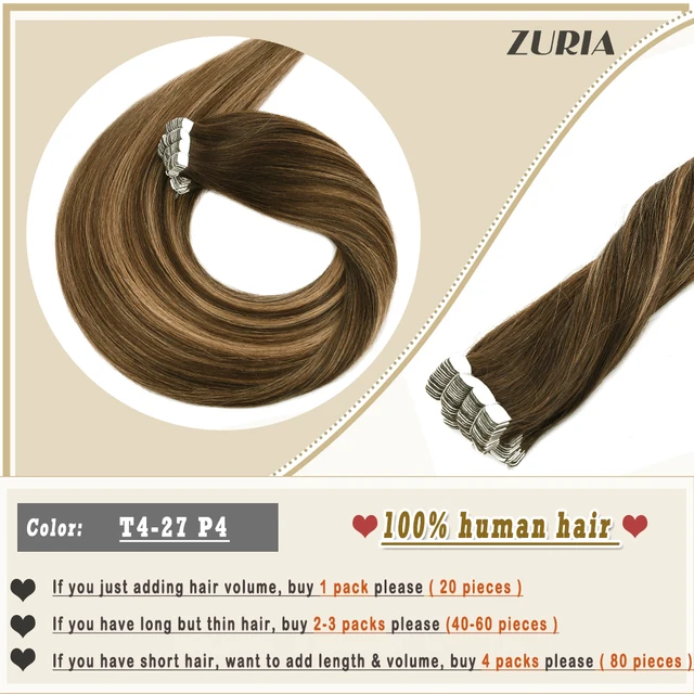 ZURIA Mini Tape In Hair Extensions Machine Remy Natural Hair Extensions Human Hair Straight 20 Inchs Seamless Adhesive Skin Weft T4-27-P4