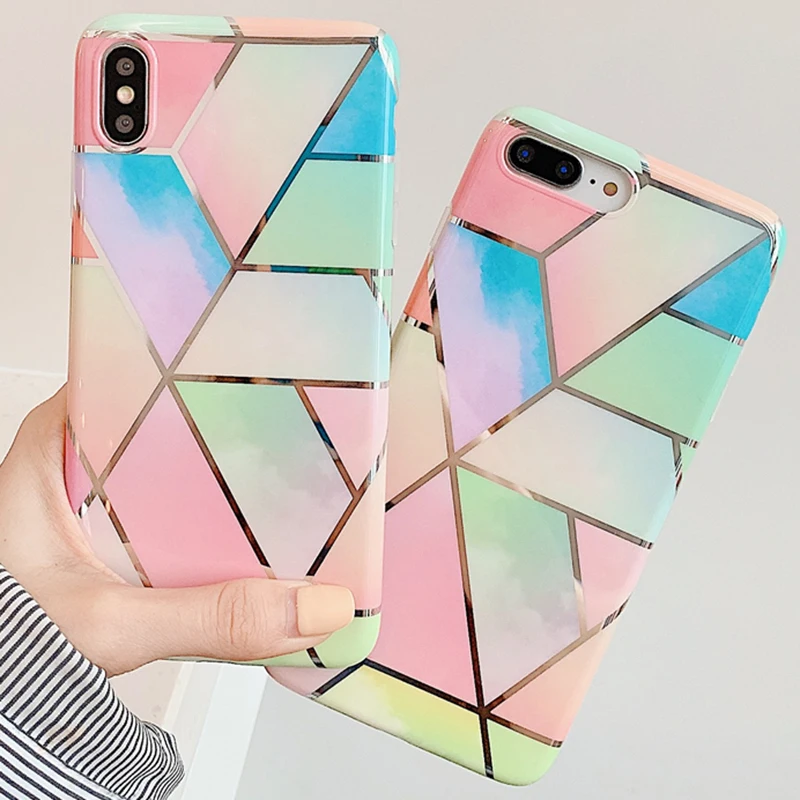 

Plating gradient splice pattern Case For iPhone X 8 6 6s 7 Plus Smooth Soft TPU Edge Cover For iPhone 7 8 Plus XS MAX XR Case