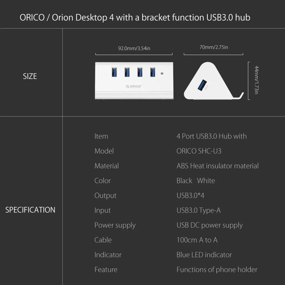 ORICO 5 Гбит/с высокоскоростной мини 4 порта USB 3,0/2,0 концентратор для настольного ноутбука с подставкой держатель для телефона планшетный ПК-черный/белый