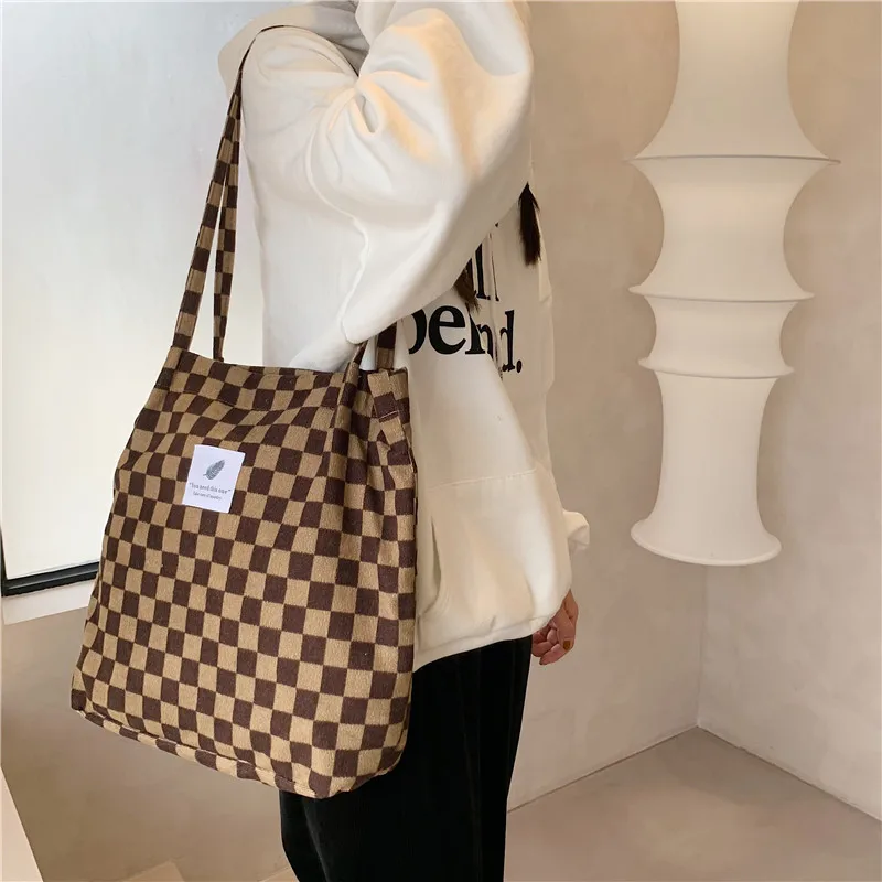 Chess Print Women Corduroy Canvas Tote Handbag Books Shoulder Bags Ladies Cloth Shopping Bag Vintage Plaid Design Cotton Purse