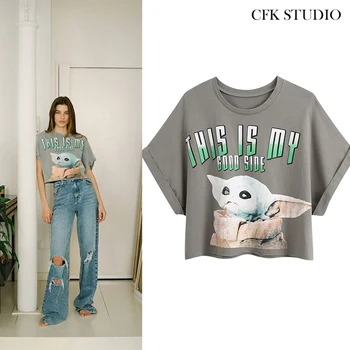 

2020 Za Women Summer T-shirt with O-neck Cartoon Printed Short Sleeve Cotton Top Femme Casual Loose Grey Crop Tee Top