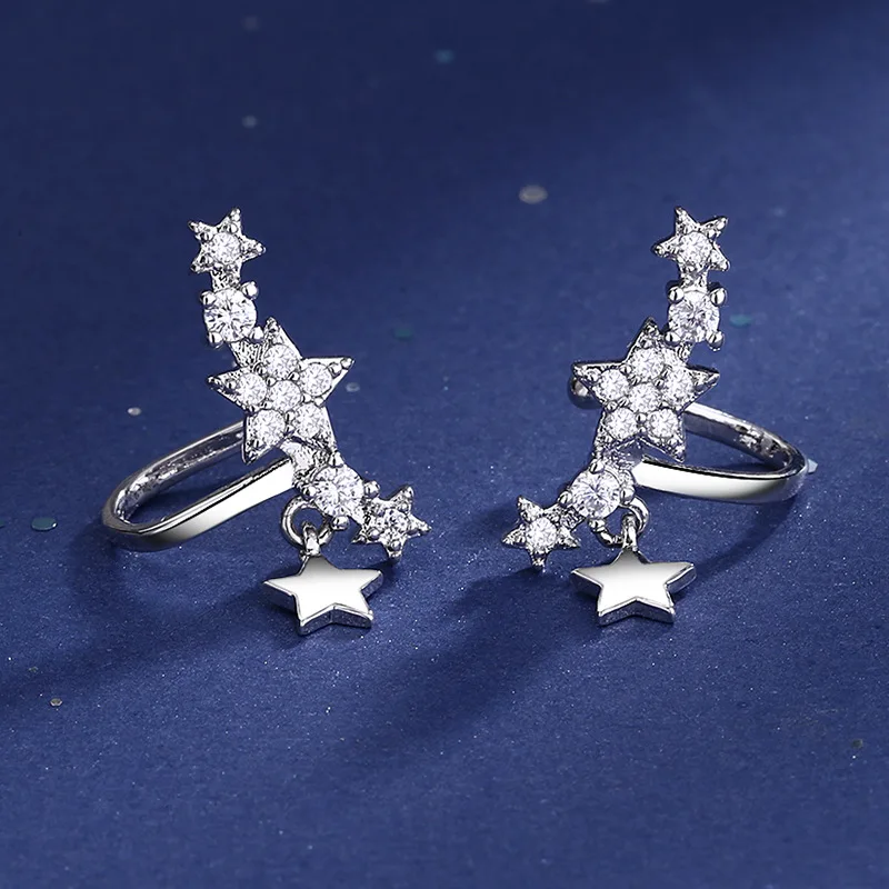 925 Sterling Silver Crystal Star Clip Earrings for Women Brincos Christmas Gift Wedding Jewelry pendientes eh1340