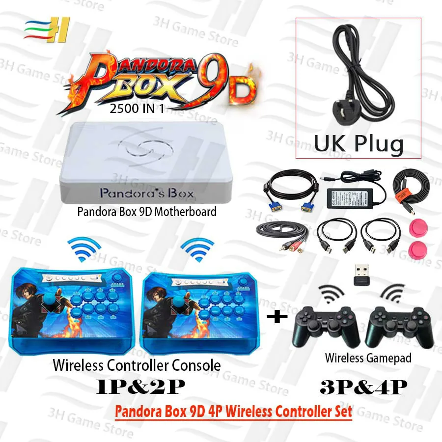 4P blue wireless UK Pandora Box 9D 2500 В 1 беспроводной 4P контроллер Набор беспроводной аркадный контроллер консоль и беспроводной геймпад набор 3D игры tekken - Цвет: 4P blue wireless UK