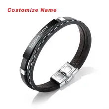 

Trendy Custom Logo Engrave Name Bracelet Men Women Glossy Woven Friendship Id Leather Stainless Steel Bracelets