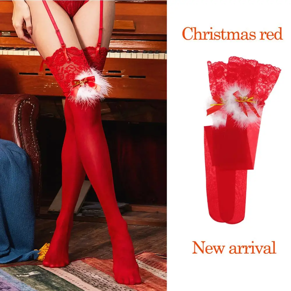 Сексуальные кружевные однотонные прозрачные ультра тонкие чулки для ног для женщин нижнее белье Рождество красный