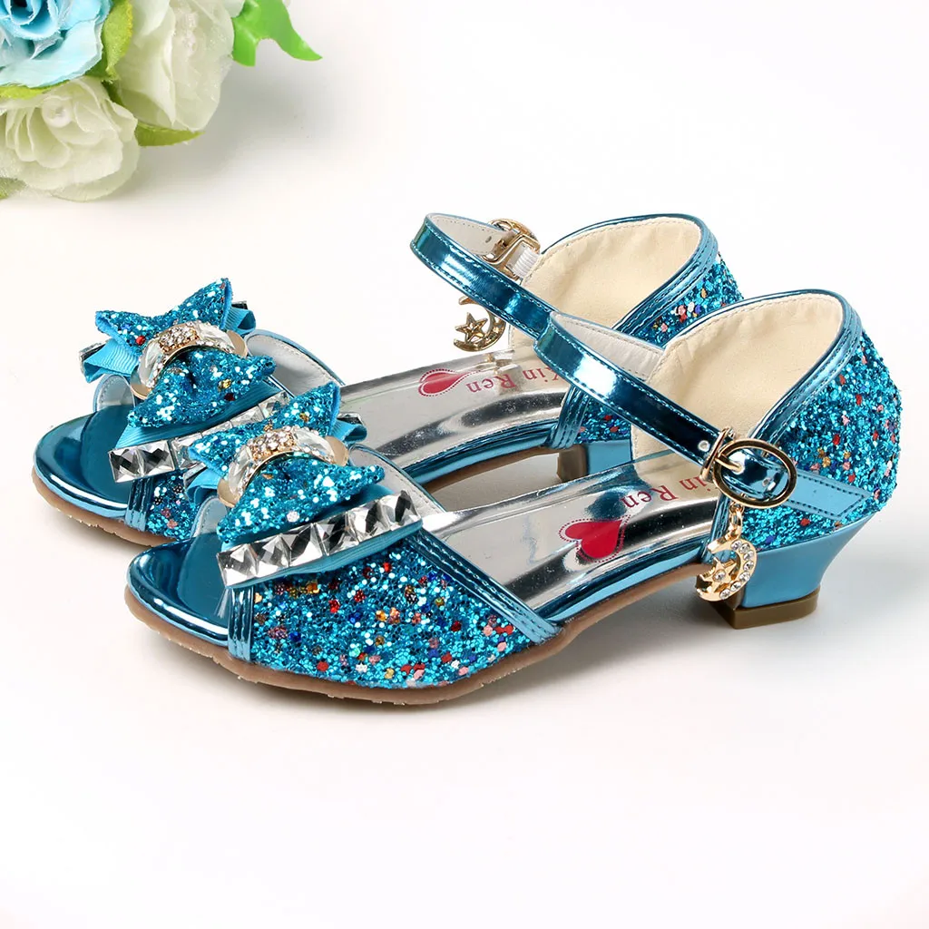 Кожаные сандалии для девочек; блестящая обувь принцессы с жемчугом и кристаллами; обувь принцессы с открытым носком для девочек; Летние сандалии; De4