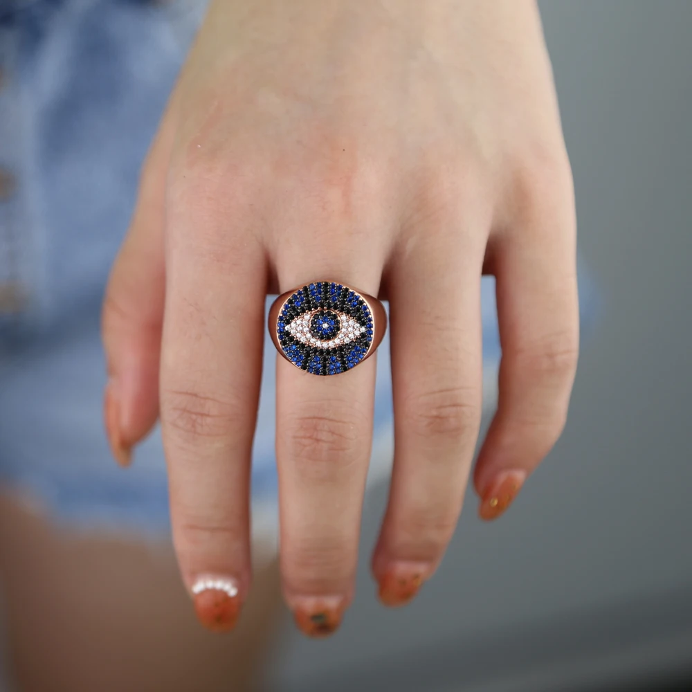 Розовый золотой цвет на удачу evil eye blue cz кольцо вечности группа engaement лента милая очаровательная девушка женщины циркония сглаза палец кольца