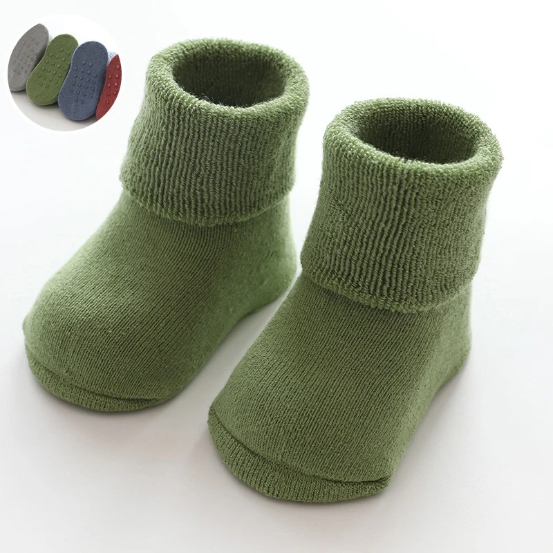 Green Новые зимние носки для малышей, хлопковые толстые Нескользящие Теплые Носки ярких цветов с резиновой подошвой для новорожденных 0-3 лет - Цвет: Green