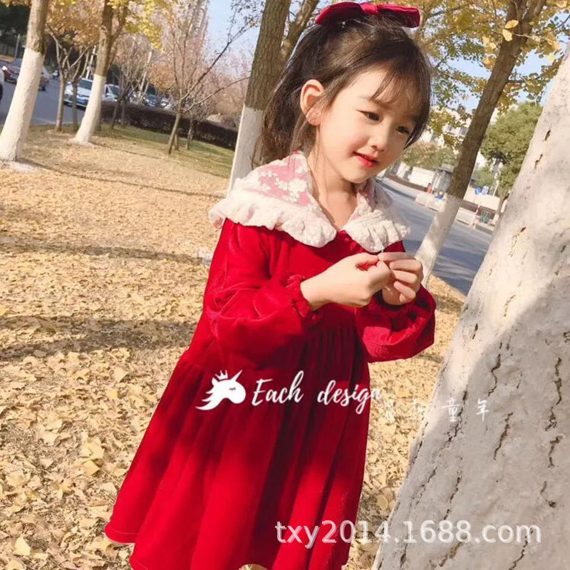 

Children's wear 2019 winter new year new year festive red girls plus velvet lace dress baby winter dress