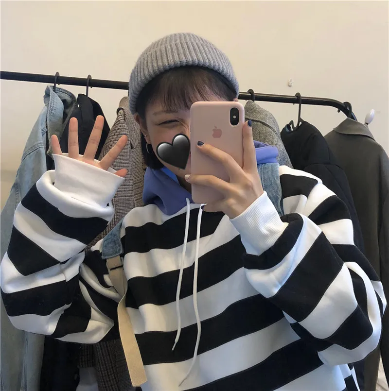 Корейский ulzzang утолщение плюс бархат мода полосатый контрастный цвет свободные с капюшоном ins Harajuku Зима Новая Женская толстовка