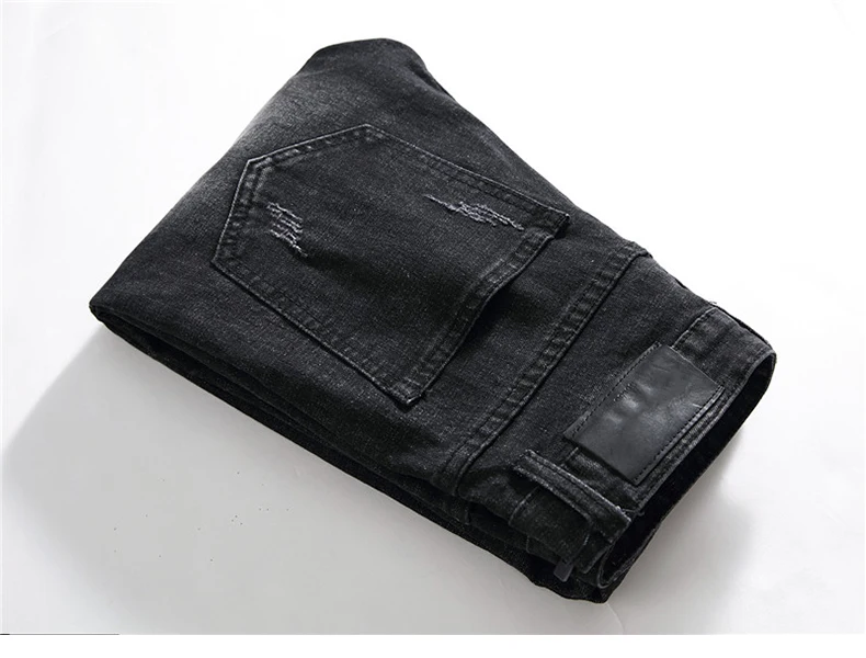 Black Ripped Jeans Men Slim Fit Stretch Fashion Embroidered Patterns Distressed Streetwear Hip HiP