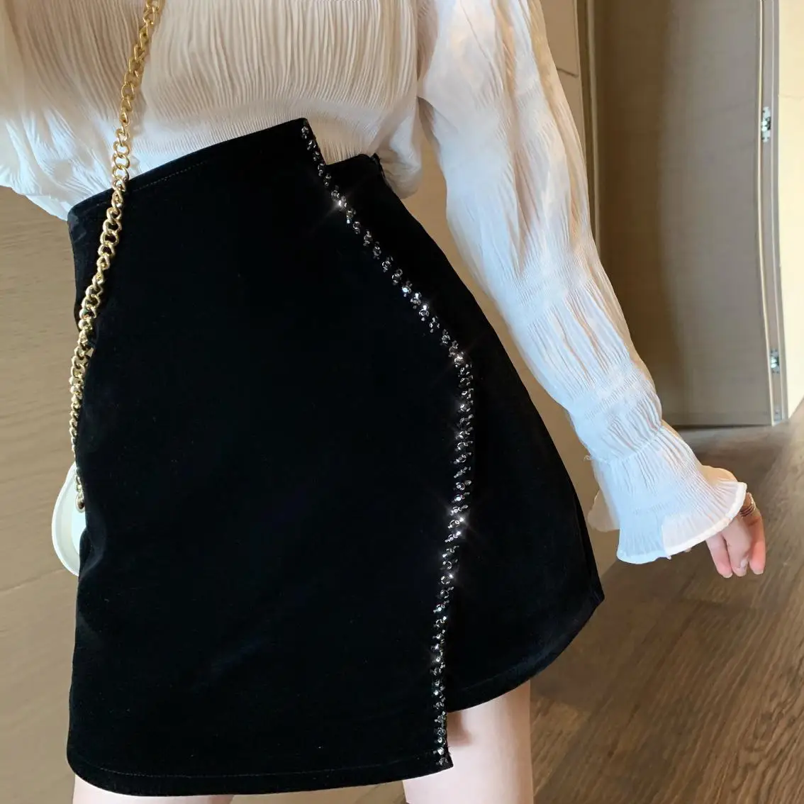 Ins CHIC Europe French Irregular Velvet Hand Bead Rhinestone Woman Velour Mini Skirt High Waist Bodycon Lady Bottom Black Winter