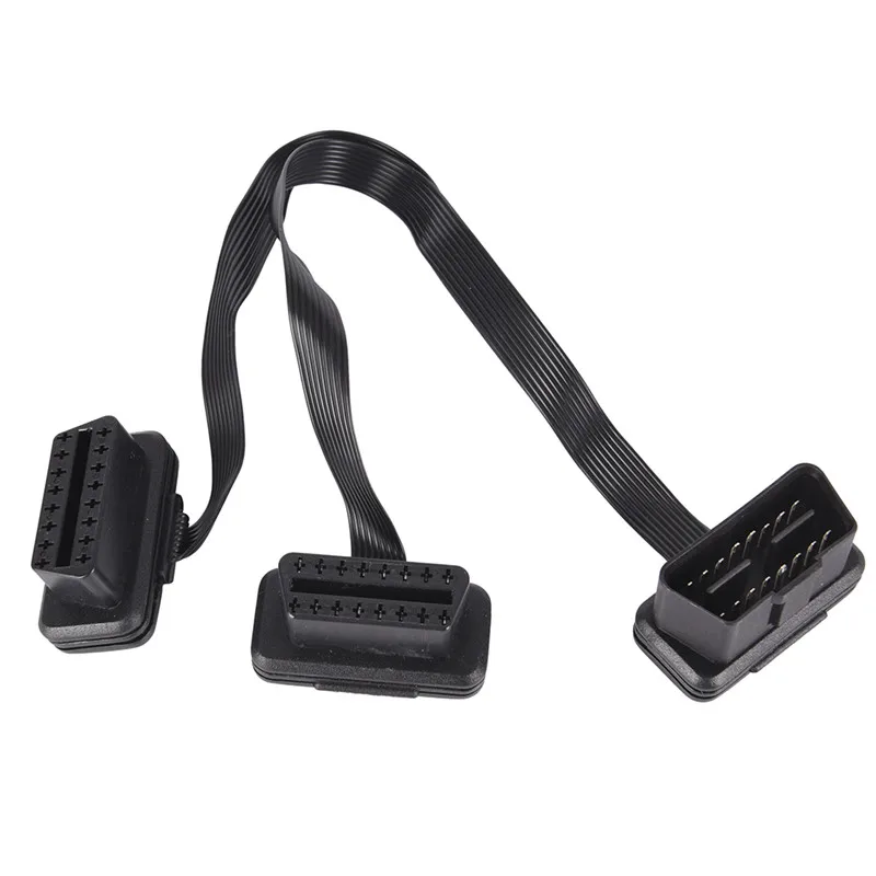 

30CM Flat 16Pin ELM327 OBD2 Male To Dual Female Y Splitter Elbow Extension Cable Lead