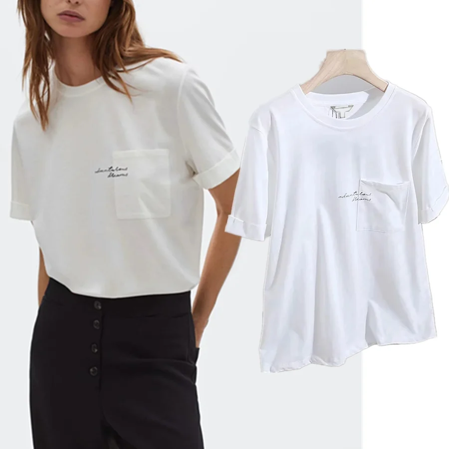 

Футболка Elmsk в английском стиле Харадзюку, летняя хлопковая Футболка с карманами и надписью, женские футболки, летние женские топы