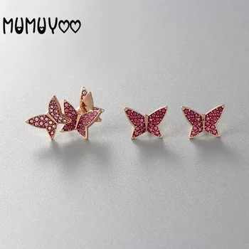 

High quality swa asymmetric color butterfly earrings fashion pink color butterfly women earrings three-piece jewelry