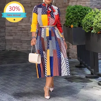 

Women Dress Print A-Line Color Block Dress Casual Fit And Flare Pleated Dress 2020 Summer Women Fashion Dropshipping