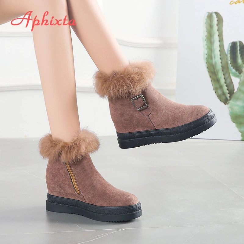 APHIXTA/женские зимние сапоги на платформе, визуально увеличивающие рост; Теплая обувь с хлопчатобумажными стельками; теплые женские ботильоны на натуральном меху на молнии