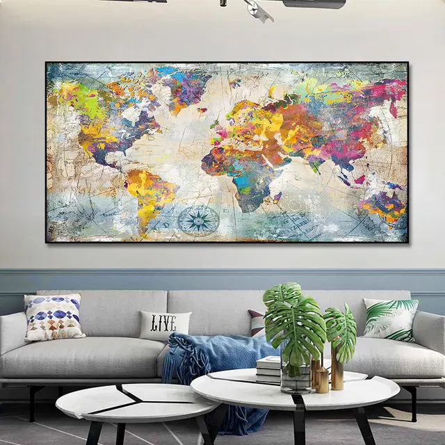 RELIABLI ART World Map Black and White Pictures Classic Style Canvas Paintings Modern Home Wall Decoration Posters Frameless map