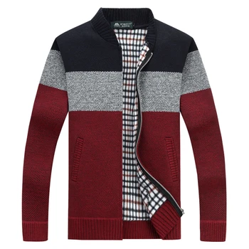 

Men Winter Jacket Stripe Sweaters Cardigan Warm Thick Velvet Cashmere Zipper Mandarin Collar Man VogueClothes Knitwear Coat
