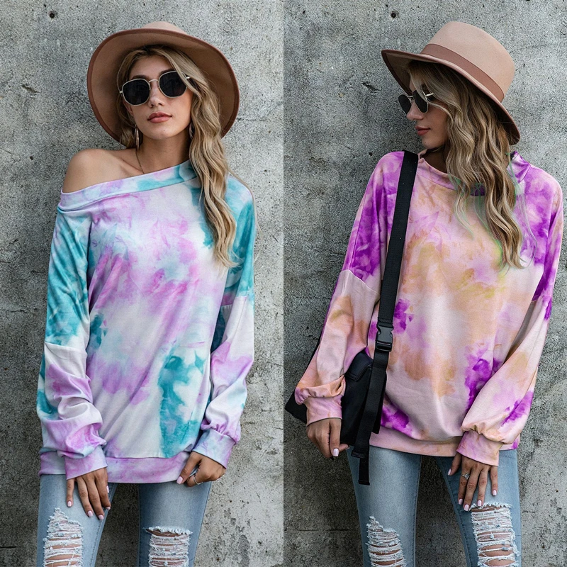 

Casual Tie-dyed Sweatshirt Tops Women Slash Neck Long Sleeve Shirt Colourful Pullover Autumn 2020 New Femme Loose Blouse Chemise