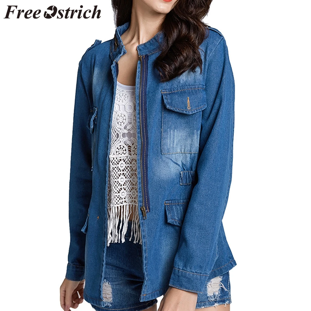 

FREE OSTRICH Coat Women Zipper Large Size Loose Denim Long Sleeve Solid Color Loose Fashion 2019 New Autumn Winter Coat Women