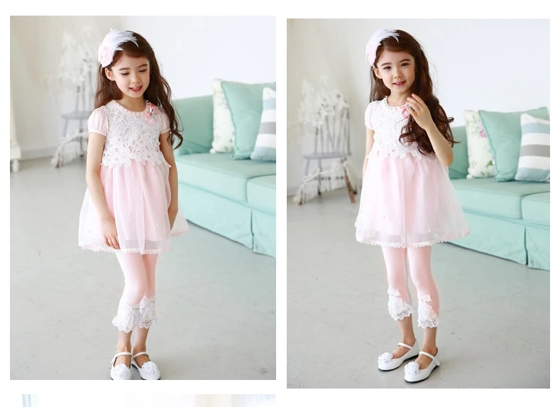 High Quality 2021 New Summer Girls Leggings Pants Lace Cotton Children Clothing Flower Girl Knee Pants