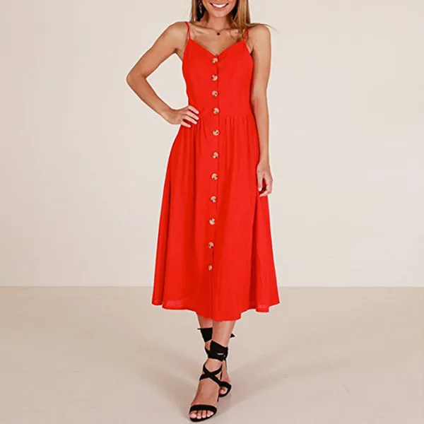 Модное сексуальное женское летнее платье без рукавов, черное белое Повседневное платье на тонких бретелях, платья на пуговицах, сарафан миди - Цвет: 8023-red