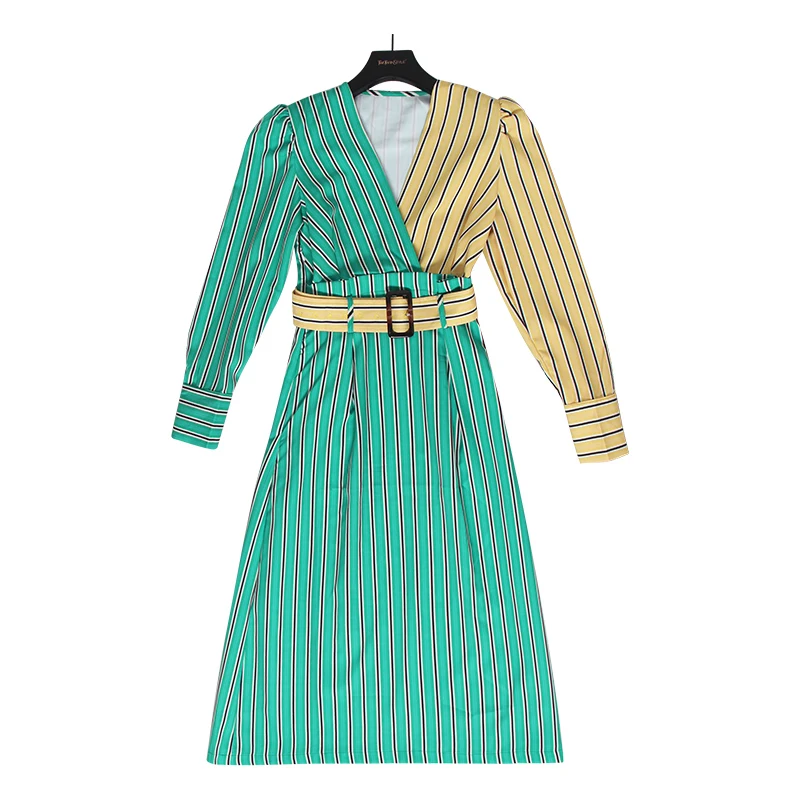 TWOTWINSTYLE Striped The Dress Women V Neck Lantern Sleeve High Waist Sashes Tunic Hit Color Midi Dresses Female Fashion
