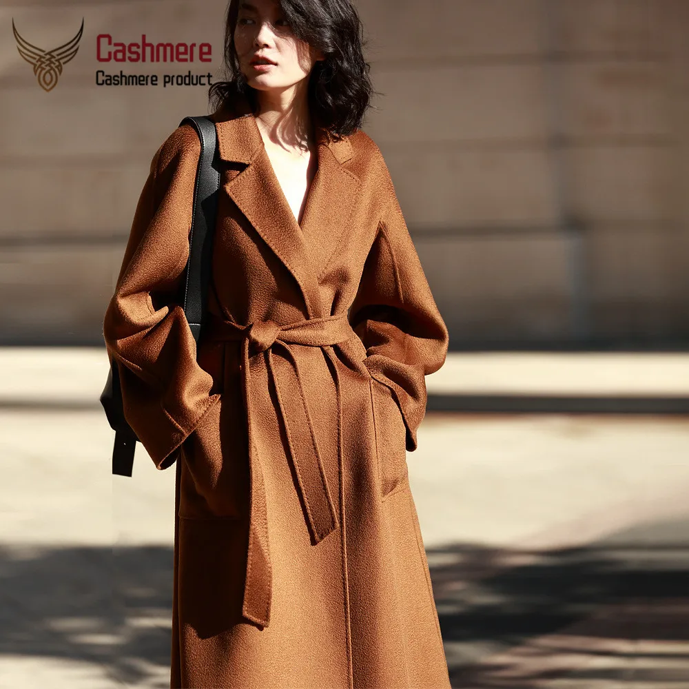 Осенне-зимнее кашемировое пальто с волнистой поверхностью, Женская куртка, плюс длинное двухстороннее кашемировое пальто, свободное шерстяное пальто для женщин - Цвет: Brown