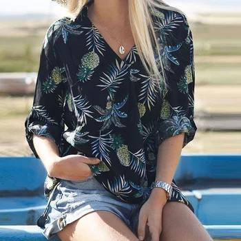 

New Women Casual Long-sleeved Shirt Autumn Lady Fashion Pineapple Printed Tops Plus Size Female V-neck Shirt
