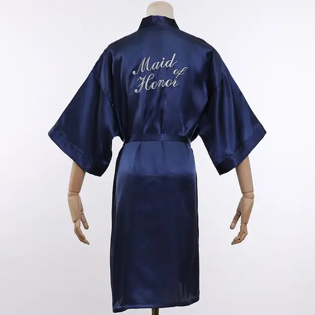 Wedding Bride Bridesmaid Robe Dressing Gown Sexy Women Bathrobe Nightgown Short Sleepwear Casual Flower Kimono Geisha M L XL Maid of Honor Blue
