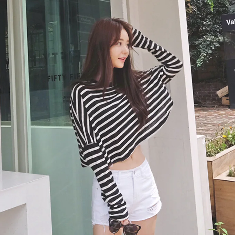 

2018 Spring Summer Korean-style Black And White Stripes Long-sleeved T-shirt Women's Loose-Fit Exposed Navel Shorts Students Bat