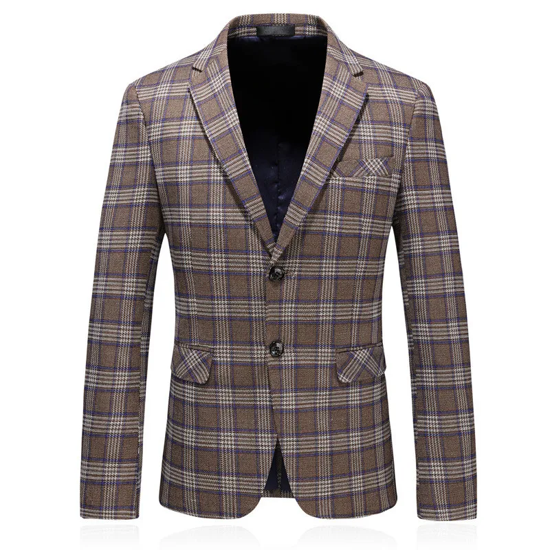 

Men's Blazer Khaki Plaid Business Casual Single Breasted Suit Blazer Spring and Autumn Fashion Slim Men's Suit Jacket