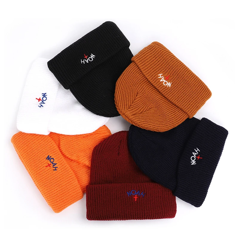 Харадзюку Ноя принт Осень Зима Skullies Hat Модные теплые шапочки шапки повседневные женские одноцветные вязанные шапки для взрослых