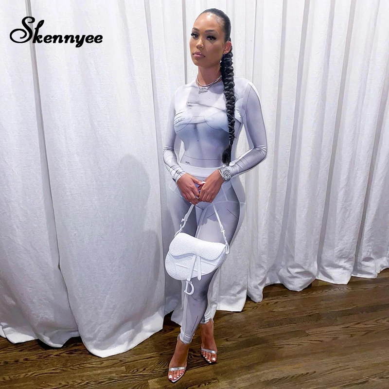 

Skennyee Autumn Letter Print Sporty Fitness Skinny Matching Sets Women Long Sleeve Bodysuit And Leggings Two Piece Outfit