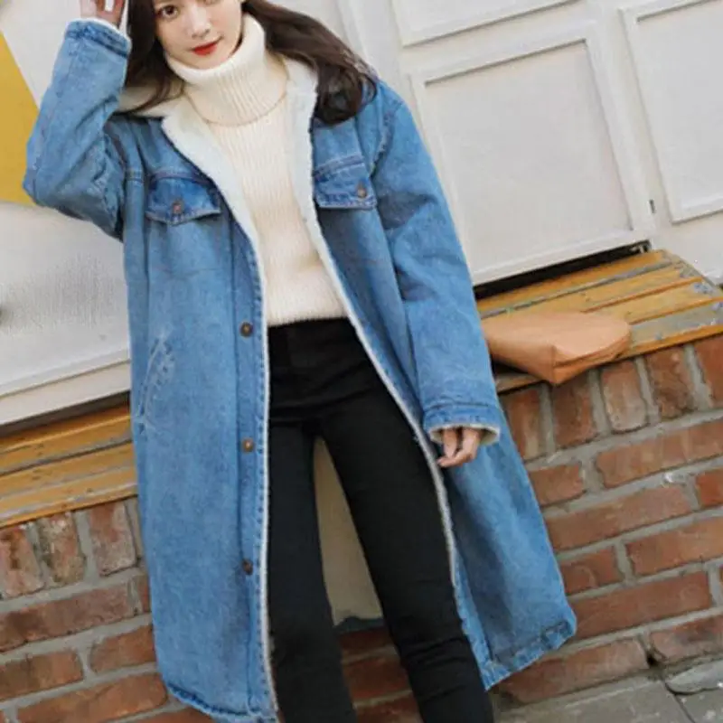 Finest  New Women Winter Denim Jackets Lamb Wool Lining Long Warm Coats Big Fur Oversize Loose Jeans Jacket