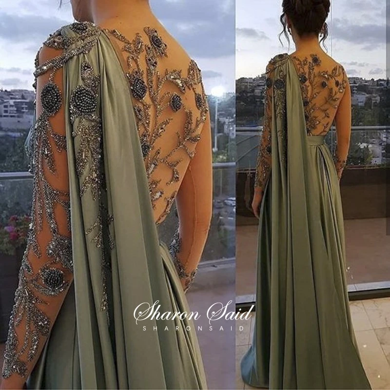 Arabic One Shoulder Olive Green Muslim ...