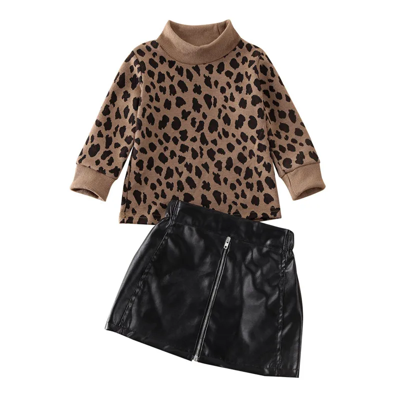 Весенний комплект одежды с леопардовым принтом для маленьких девочек, От 1 до 5 лет свитер с леопардовым принтом, пуловер, топы, кожаные мини-юбки, вечерние костюмы