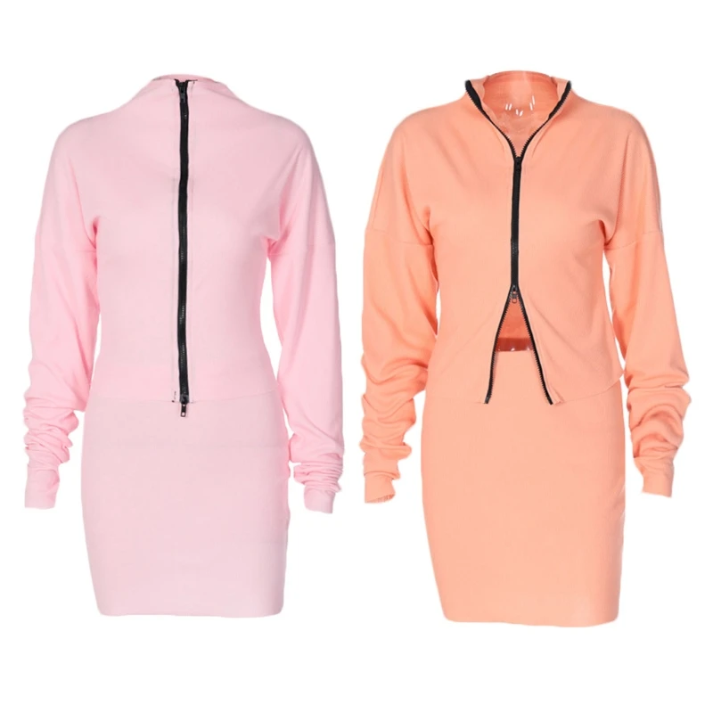 

Women Autumn Ribbed Knitted 2 Piece Outfits Set Long Sleeve Turtleneck Double Zipper Coat Top Bodycon Skirt Solid Color Party Cl