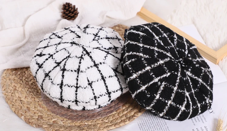 Kids Baby girls classic plaid fabric beret cap dome octagonal hat baseball casquette