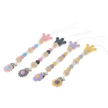 

Pacifier Chain Food Grade Silicone Wood Beads Crown Cartoon Flower Pendant Strap Nipple Teether Towel Support Newborn Toddler Ca